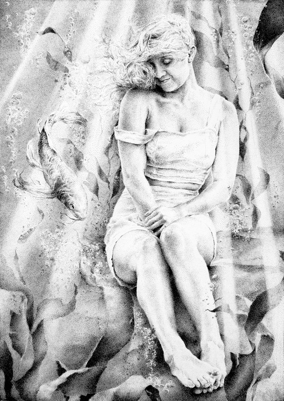 Girl and fish - Stippling