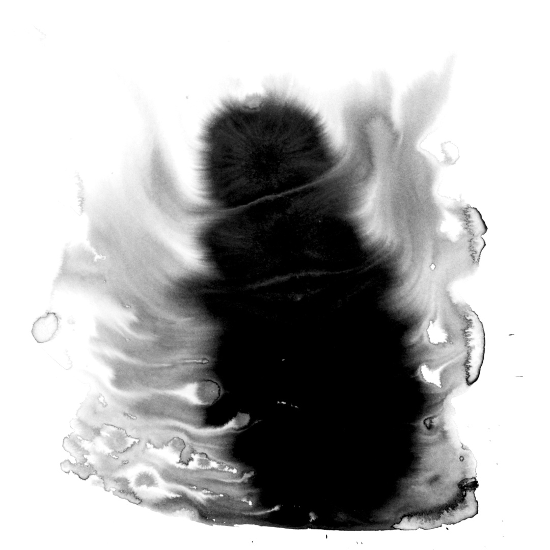 Tall ink blob with dense black head and long sweeping ink trails flowing downward, resembling a cloaked figure