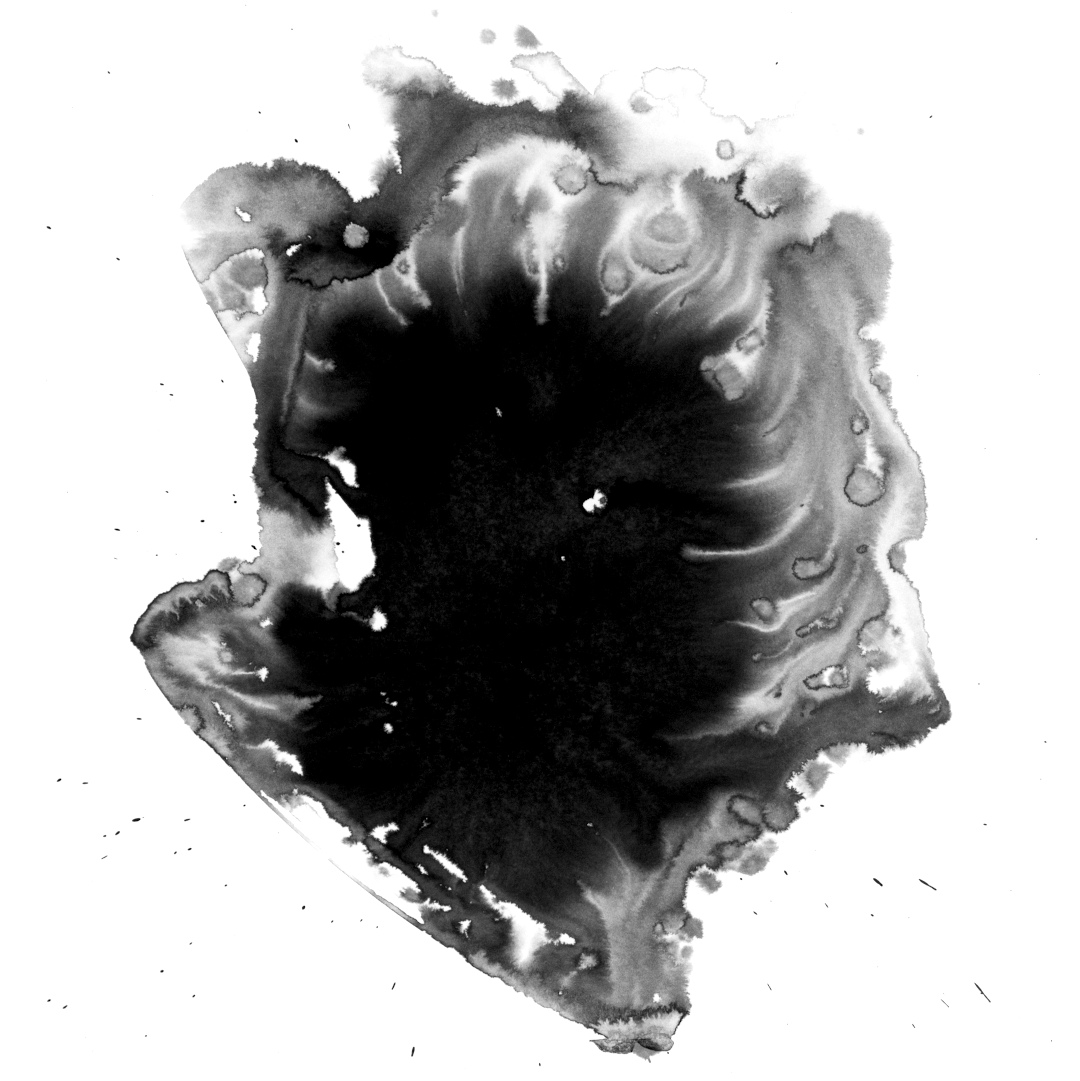 Large square ink blob with complex swirling interior patterns and irregular coastline-like edges on white paper