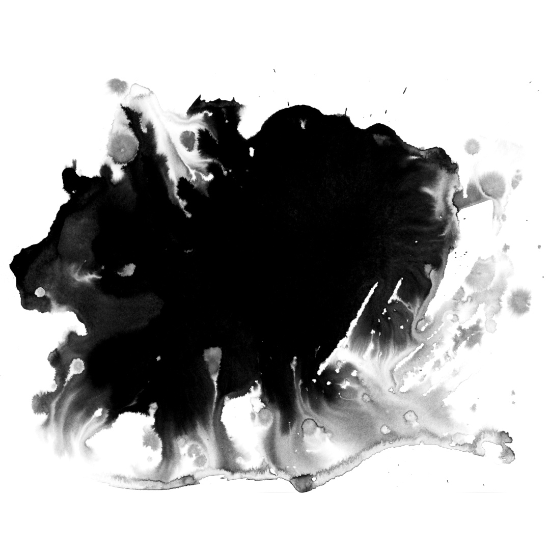 Wide horizontal ink blob spreading rightward with thinning flow patterns and scattered satellite droplets on white paper