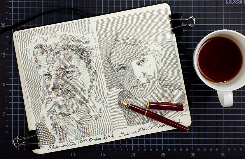 Two crosshatched portrait sketches in a sketchbook, drawn with Platinum PTL-5000a and Carbon Black ink, pen resting on the pages
