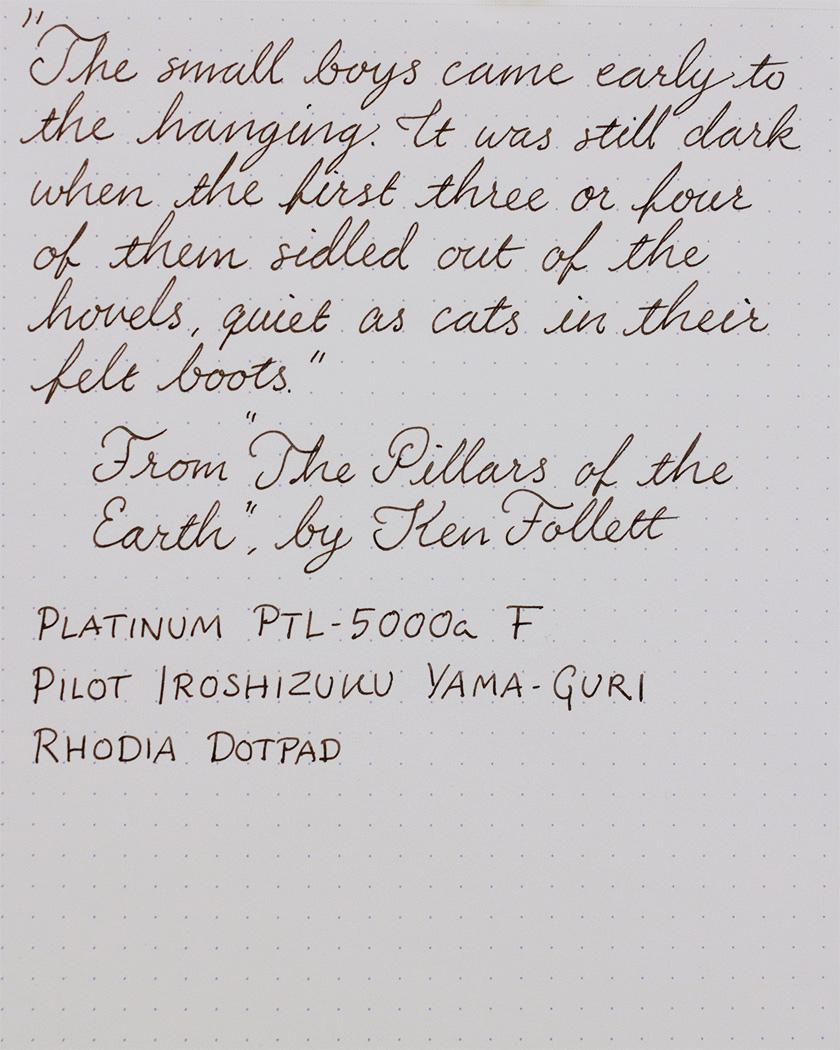Cursive handwriting sample in Pilot Iroshizuku Yama-Guri ink on Rhodia Dotpad, written with Platinum PTL-5000a F nib