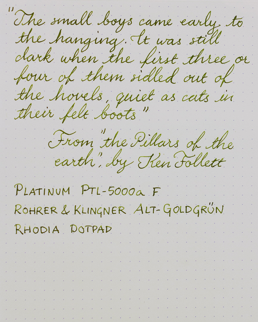 Cursive handwriting sample in Rohrer & Klingner Alt-Goldgrün ink on Rhodia Dotpad, written with Platinum PTL-5000a F nib