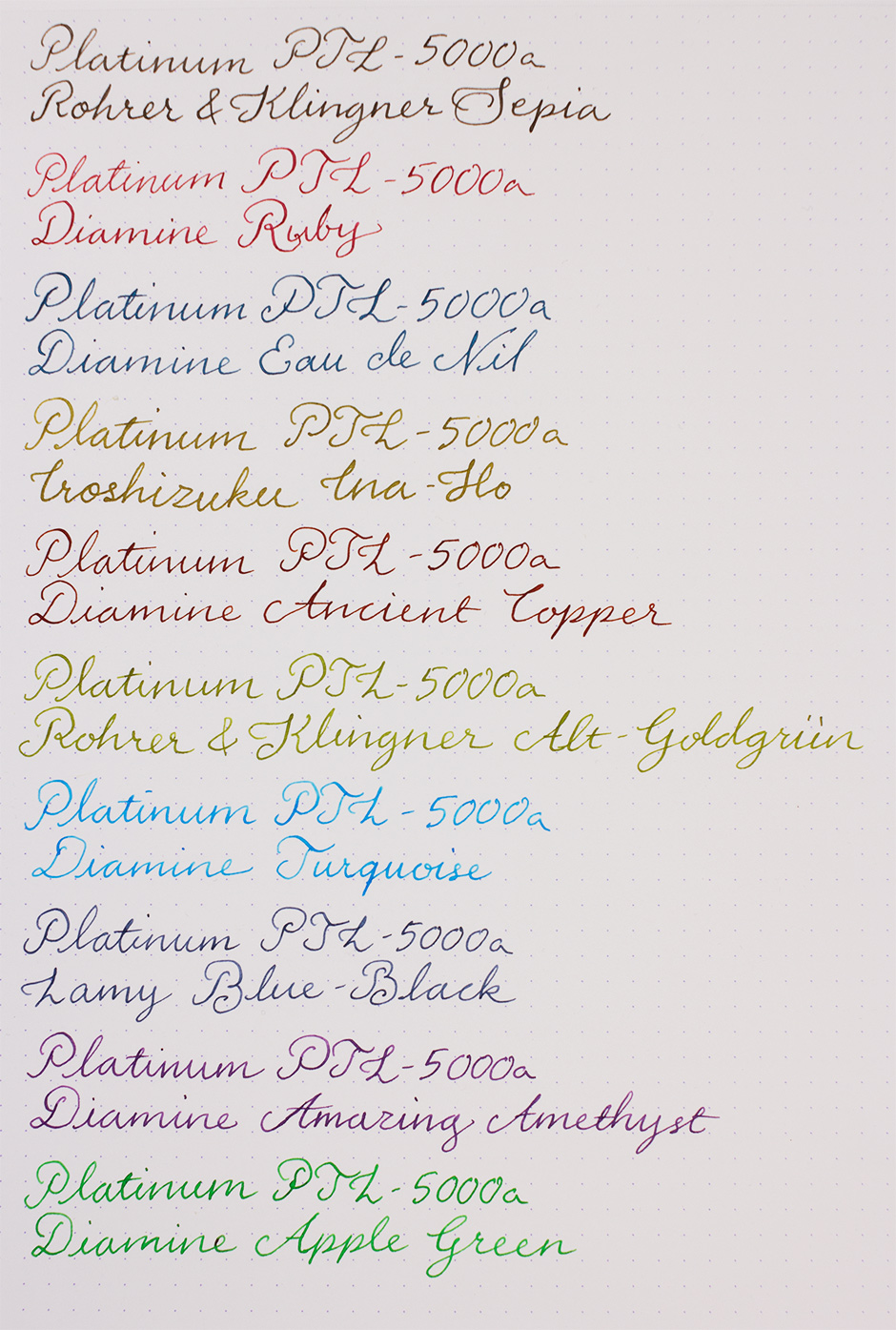 Ink sample sheet showing ten inks written with Platinum PTL-5000a, including Diamine Ruby, Iroshizuku Ina-Ho, Lamy Blue-Black, and others