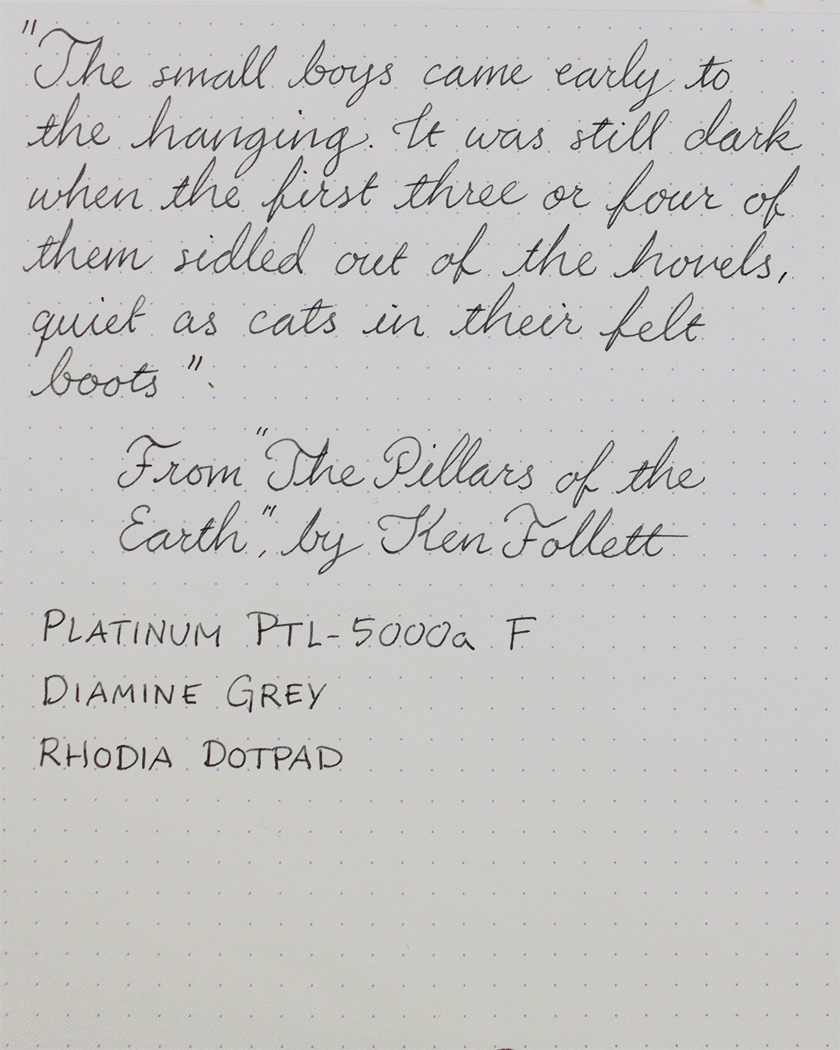 Cursive handwriting sample in Diamine Grey ink on Rhodia Dotpad, written with Platinum PTL-5000a F nib