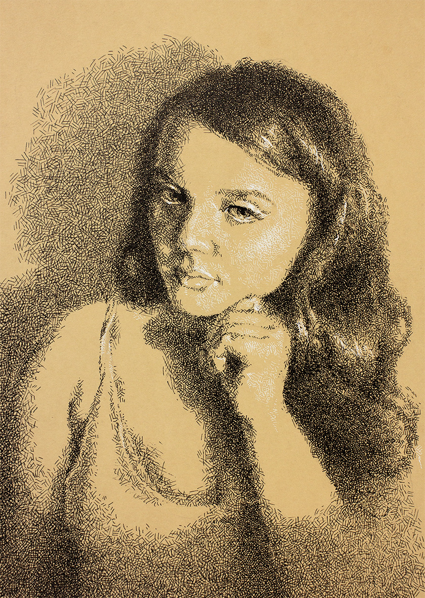 Portrait drawing of a young woman in crosshatching and stippling technique, drawn with Platinum PTL-5000a and Carbon Black ink on toned paper