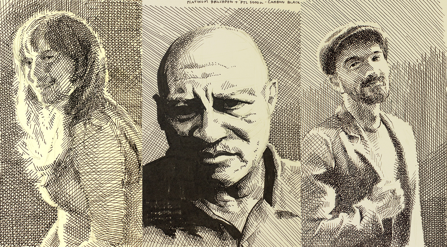 Three portrait sketches in crosshatching technique drawn with Platinum PTL-5000a